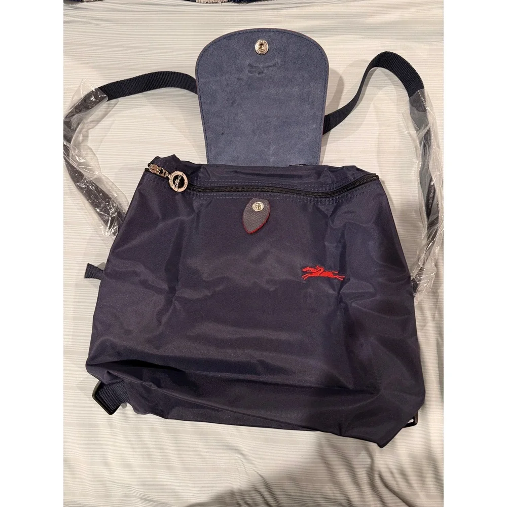 NWT Authentic Longchamp Le Pliage Navy Backpack Red Accents One of a Kind Color